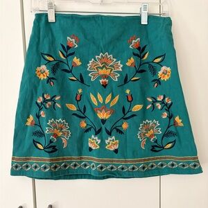 Teal Embroidered Floral Mini Skirt